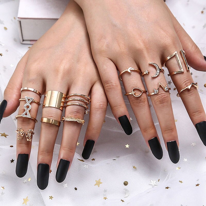 Vintage Rings Set For Women Boho Moon Star Knuckle Finger Ring Female Bohemian Gold Silver Color Jewelry Accessories
