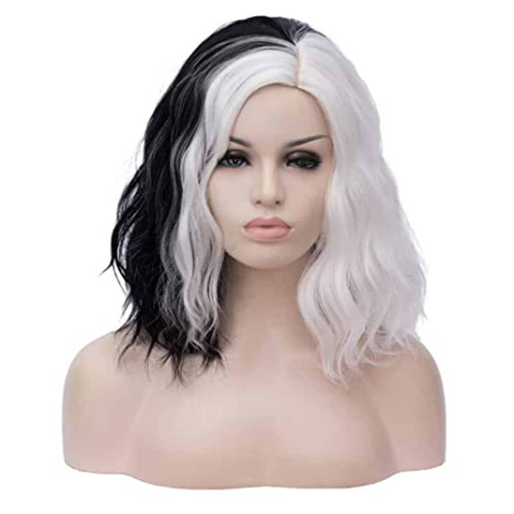 Cruella Deville Women Kuila Black and White Wig with Bangs Short Wave Curly Synthetic Hair Wig Party Cosplay Halloween Wig