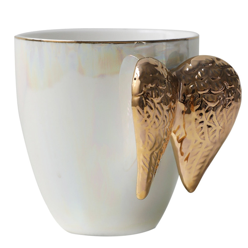 Luxury Ceramic Cup With Angel Wings Handle Gold Plated Creative Cup Coffee Breakfast Milk Drink Tea Mug 1pc