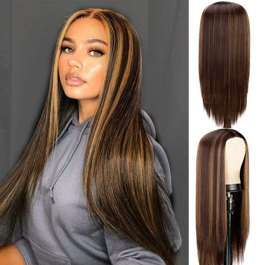 26 Inch Long Straight High Gloss Hair Gradient Color Synthetic Wig Golden Brown Ladies Wine Red Cosplay Wig