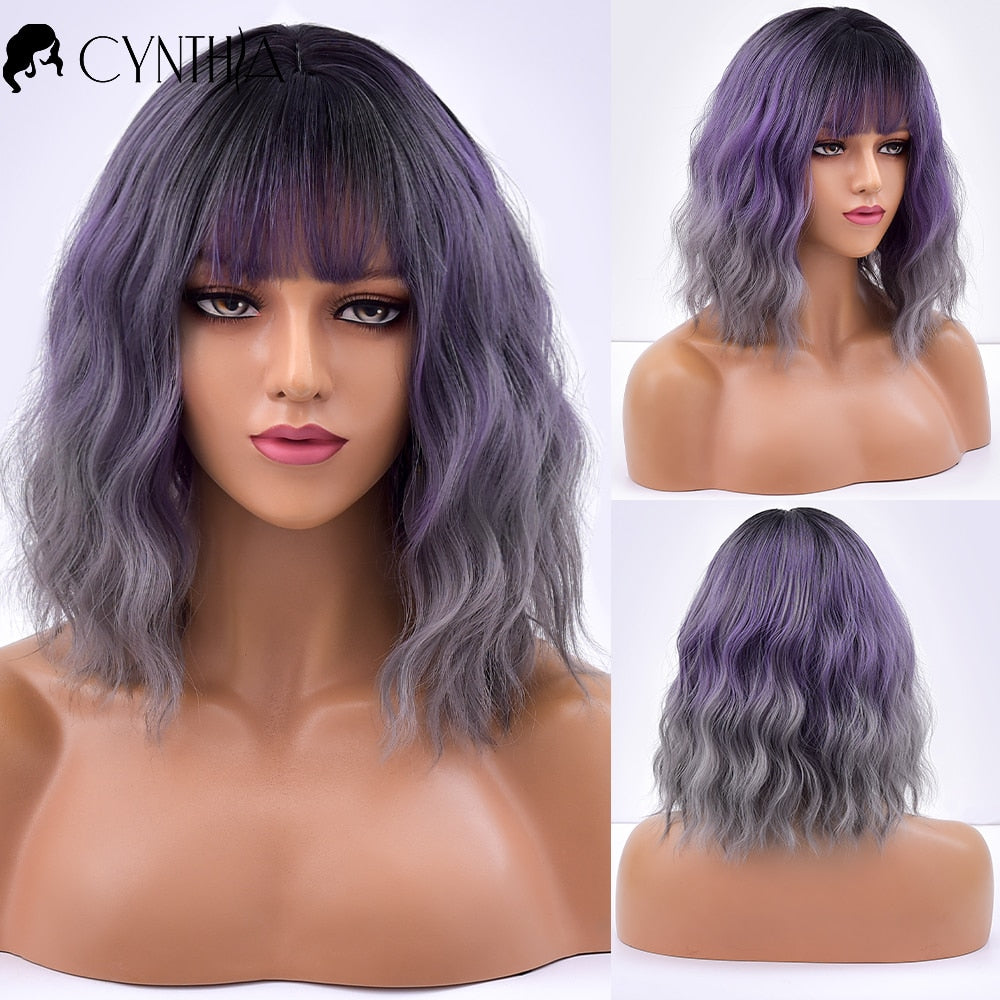 Purple Ombre Short Bob Body Wave Synthetic Wigs For Women Cosplay Wig With Bangs White Synthet Natural Hair Lolita Pelucas