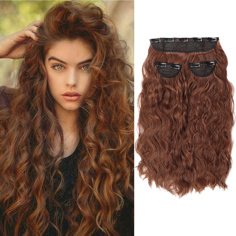 Synthetic Long Curly Hair 20 Inches High Temperature Fiber Extension Hairpin Black Brown Wave Wig 3 Pieces/set Women