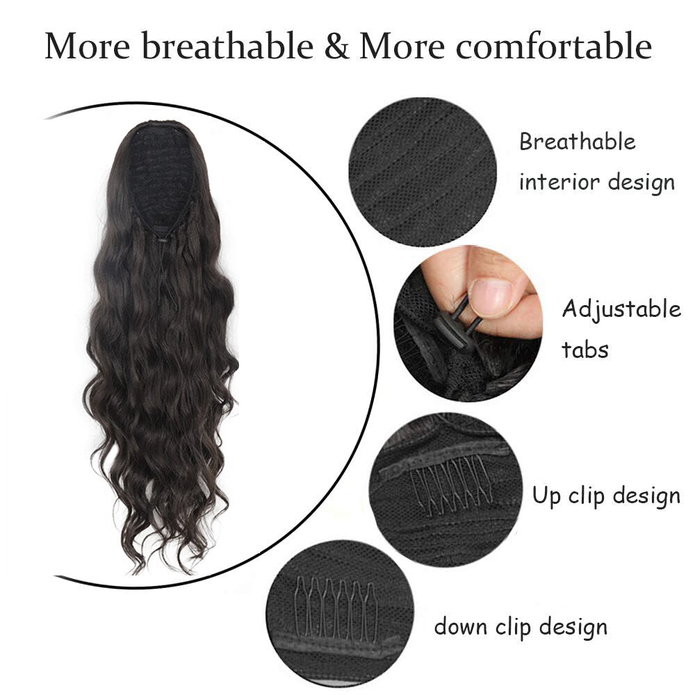 Synthetic Ponytail Extension Long Black Drawstring Wavy Ponytail Hair for Women Body Wavy Ponytail