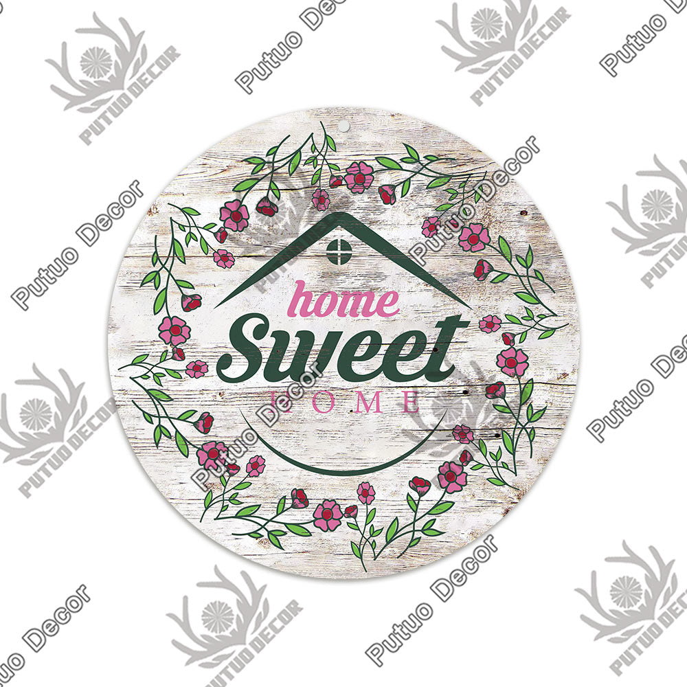 Putuo Decor Sweet Home Round Wooden Signs Home Wall Plaque Family Plaque Wood Gifts for Home Decor Living Room Door Decoration