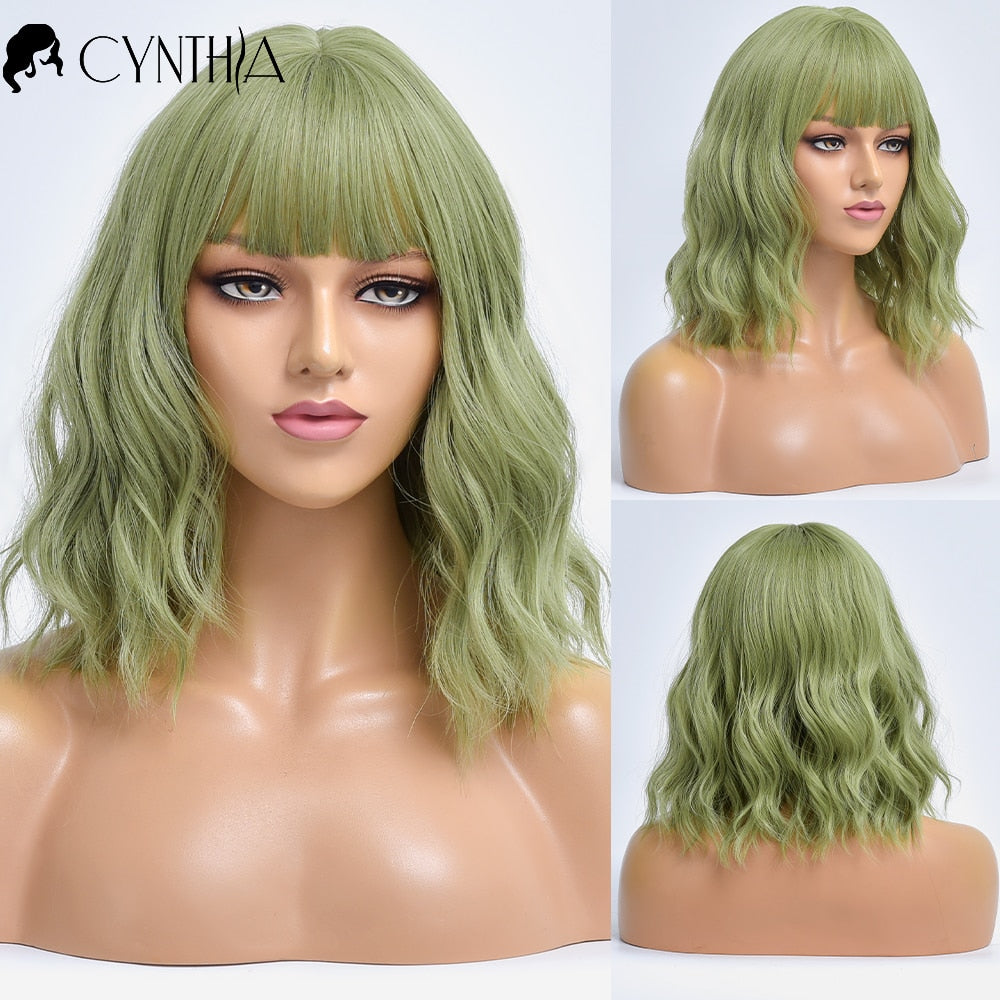 Purple Ombre Short Bob Body Wave Synthetic Wigs For Women Cosplay Wig With Bangs White Synthet Natural Hair Lolita Pelucas