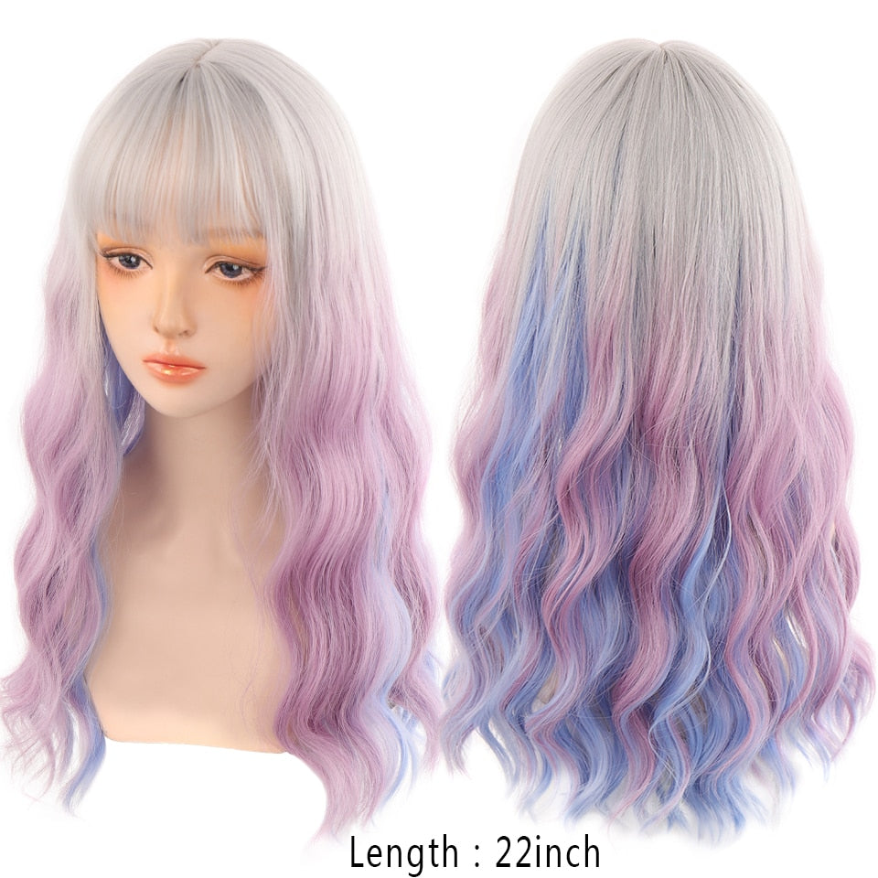 Synthetic Wigs For Women Daily Cosplay Long Water Wave  Lolita Wig With Bangs Cold Brown Heat Resistant Hair Bob Wig
