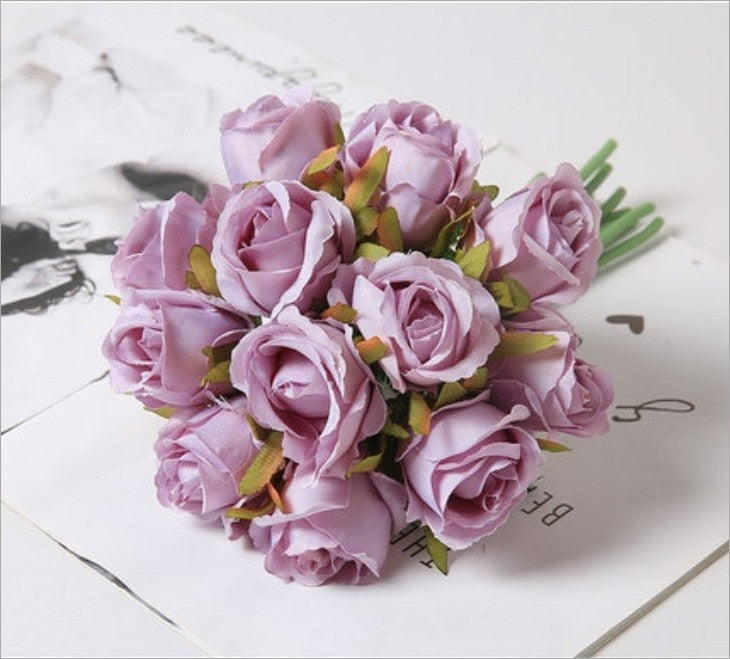 12 Heads/Bundle Artificial Rose Flowers Bride Bouquet Wedding Decorative Vase for Home Decoration Party Supplies Flores