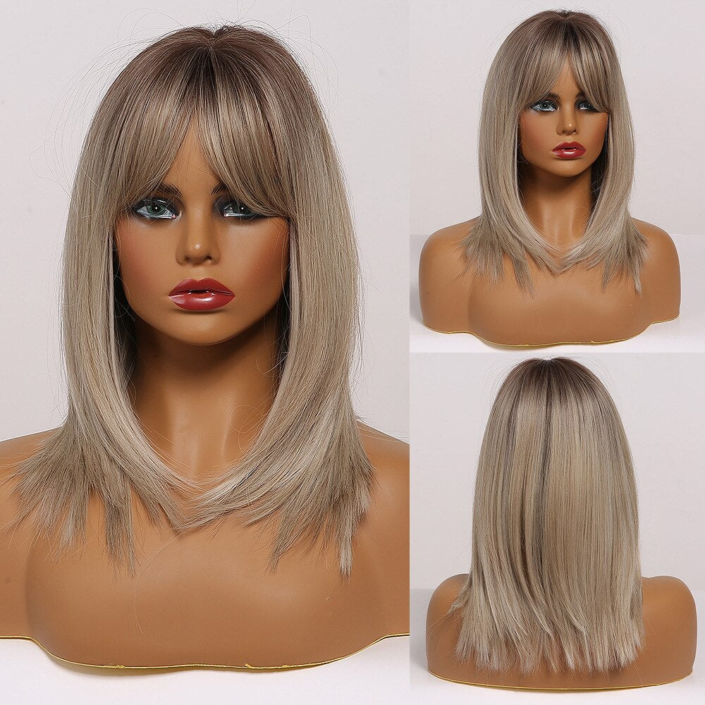 Black Bob Hair Wigs Medium Straight Synthetic Wig with Bangs Cosplay Wig Heat Resistant