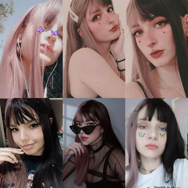 Long Remy Wig With Bangs Ombre Black Brown Synthetic Lolita Wig For Women Wire Heat Resistant Cosplay Wig