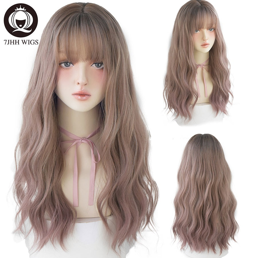 WIGS Pink Brown Lolita Wig Long Two Colors Realistic Cosplay Wigs With Bangs For Women Wavy Wigs Synthetic Hair