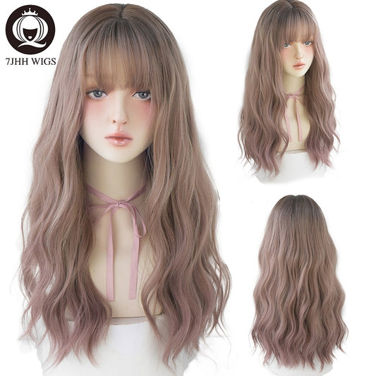WIGS Pink Brown Lolita Wig Long Two Colors Realistic Cosplay Wigs With Bangs For Women Wavy Wigs Synthetic Hair