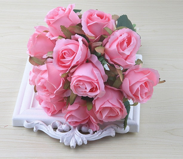 12 Heads/Bundle Artificial Rose Flowers Bride Bouquet Wedding Decorative Vase for Home Decoration Party Supplies Flores