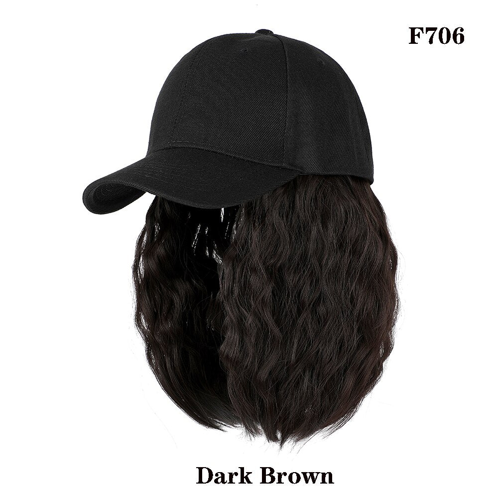 Short Wavy baseball wig Synthetic Natural bob Wig Black hat wigs cap with Hair Naturally Connect Baseball Cap Adjustable