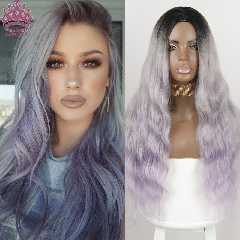 Synthetic Long Ombre Purple Wigs Middle Part Water Wave Cosplay Wig For Black Woman Heat Resistant Fibre
