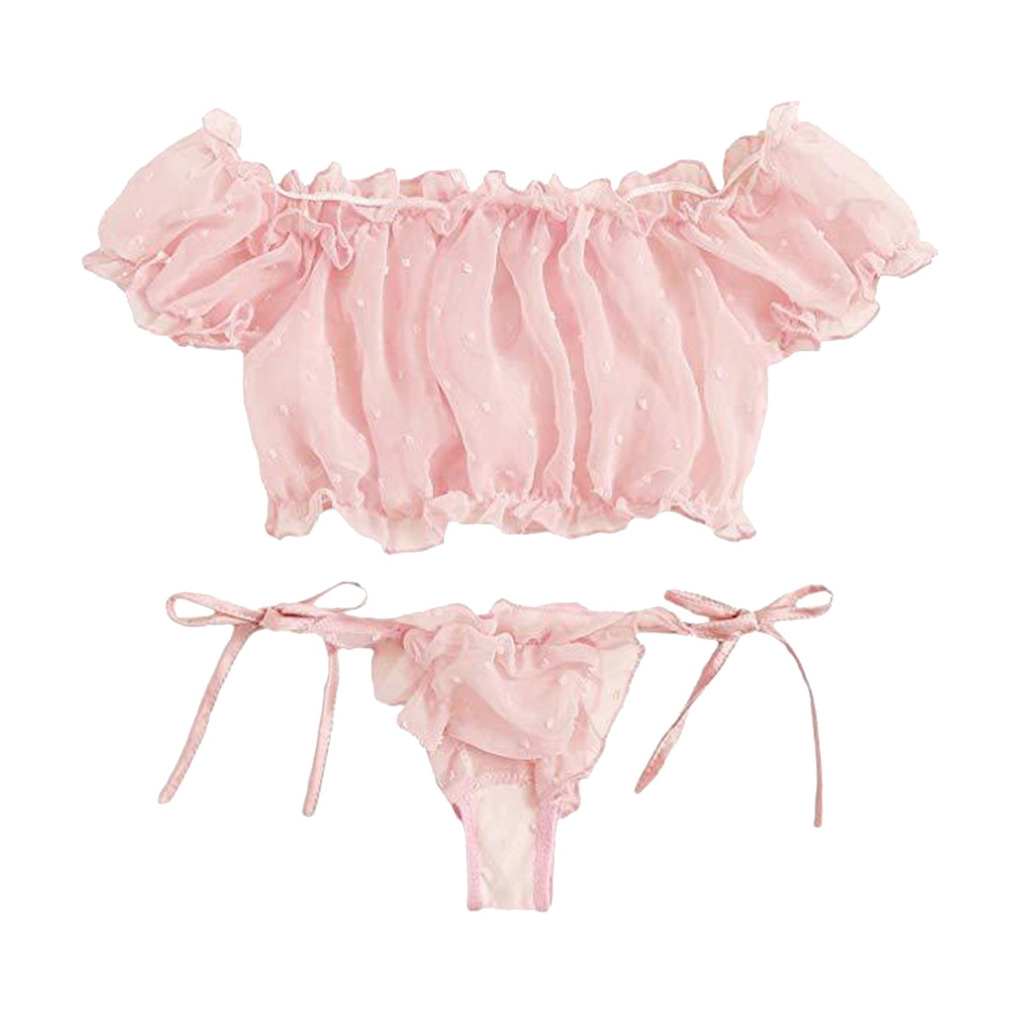 Sexy Lingerie Set Erotic Women Ruffle Lace Bowknot Strapless Bra Thong Set Sleepwear Pajamas Lingerie Seamless Panties Thong