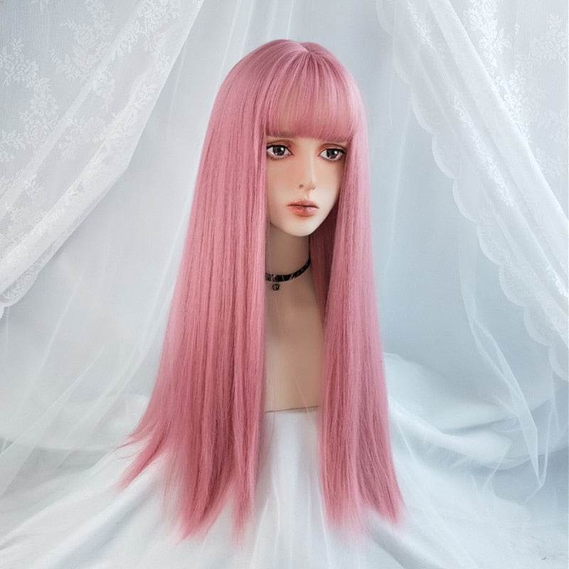 Cosplay Wig With Bangs Synthetic Straight Hair 24 Inch Long Heat-Resistant Pink Wig