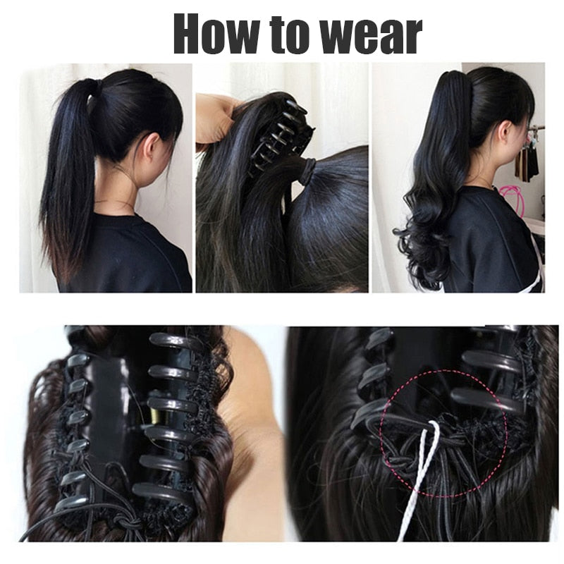 Synthetic 24inch Claw Clip Ponytail Extension Wavy Ponytail Long Straight Hair Ponytail Extension Clip Type Woman Wig
