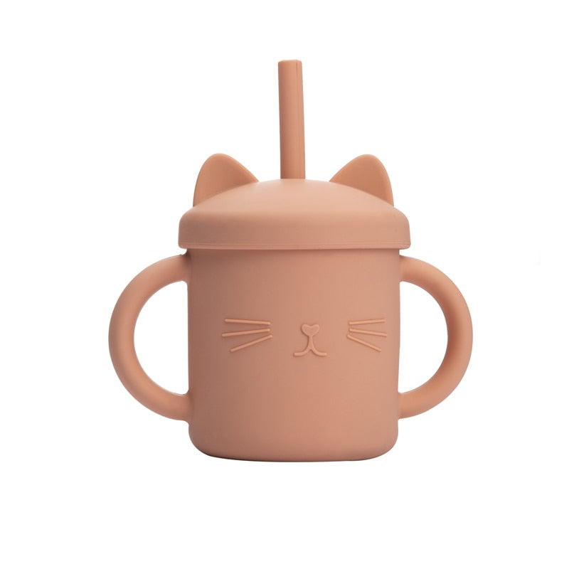 1PCS Baby Feeding Cups Silicone Drinkware Cute Cartoon Cat Sippy Cup For Toddlers Kids Sippy Cup Lids Solid With Handle Drinker