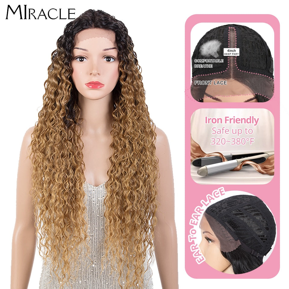 Synthetic Lace Wig Curly 30Inch Afro Kinky Curly Lace Natural Wave Blonde Wig High Temperature Fiber Hair