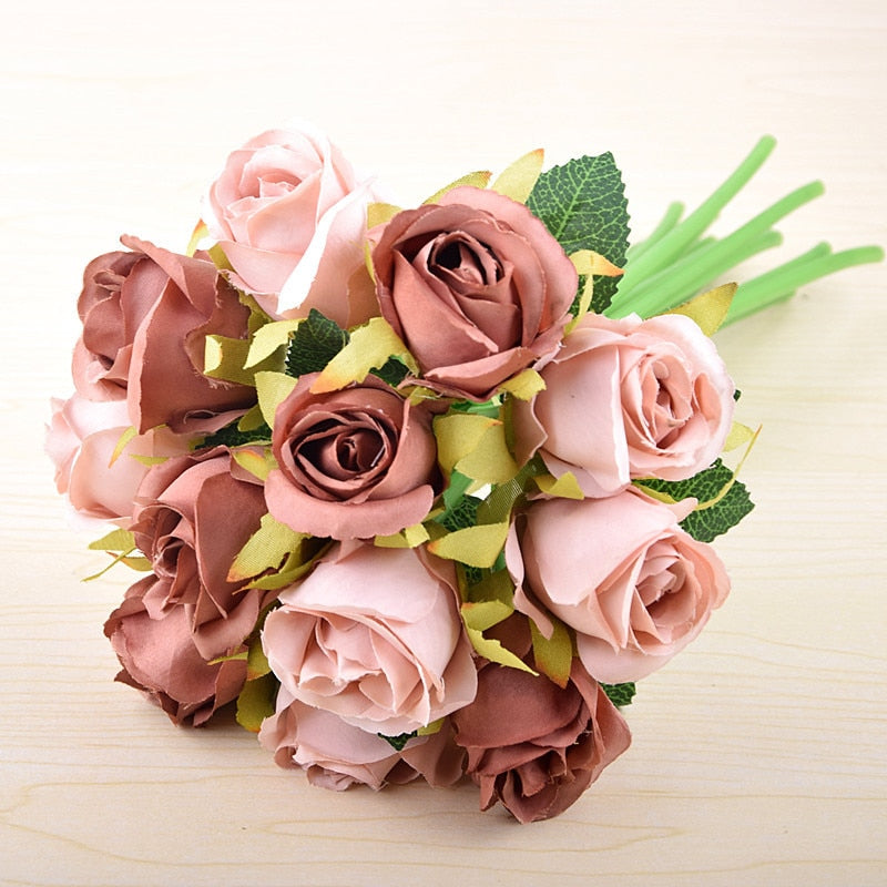 12 Heads/Bundle Artificial Rose Flowers Bride Bouquet Wedding Decorative Vase for Home Decoration Party Supplies Flores
