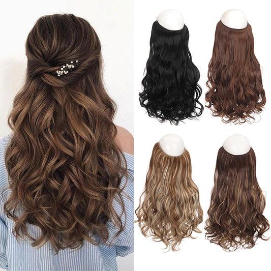 24 inch  Fish Line Extensions Synthetic Hair Invisible Wire No Clips In Straight Wavy Hair Extensions