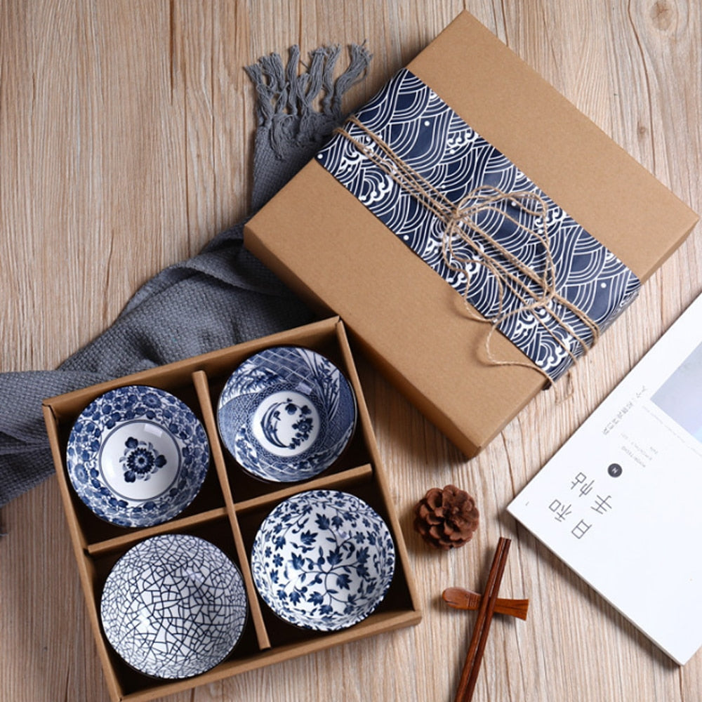 Set of 2 Or 4 Japanese Traditional Ceramic Dinner Bowls 4.5inch 300ml Porcelain Rice Bowls with Gift Box Dinnerware Set  Gift