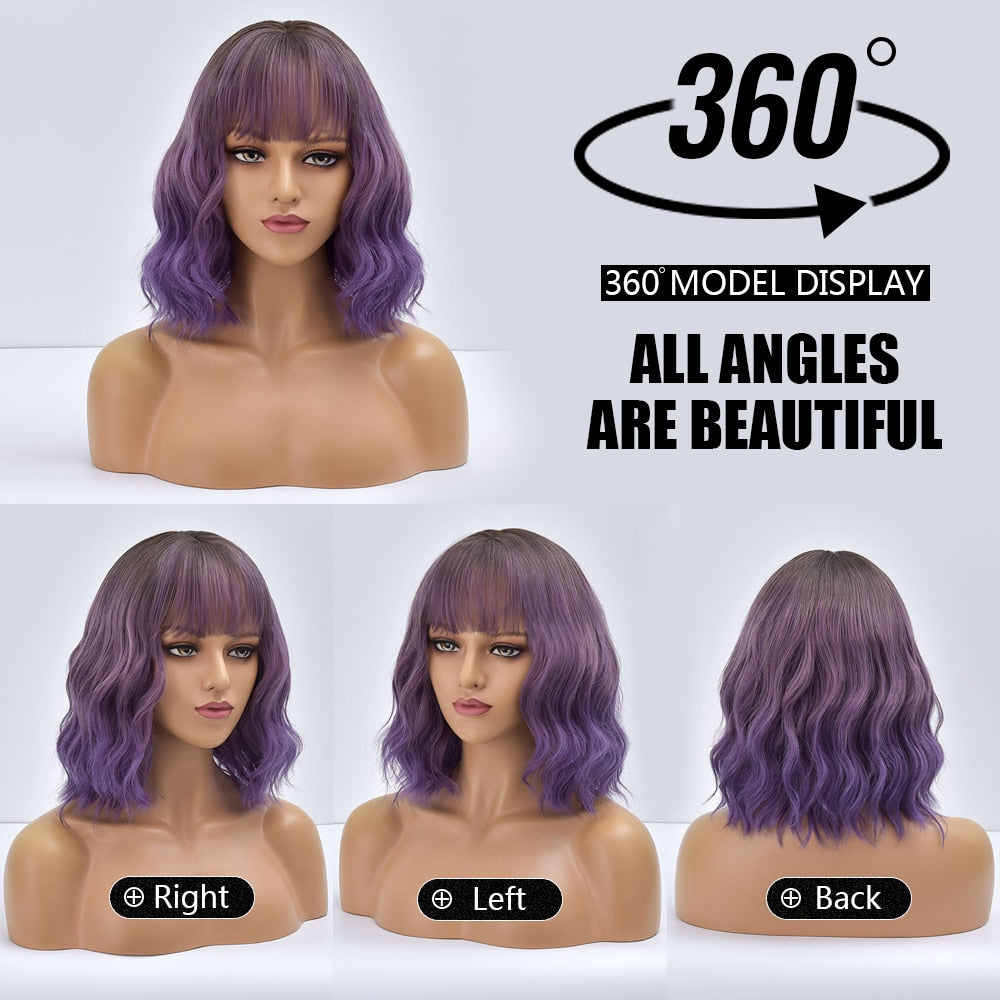 Purple Ombre Short Bob Body Wave Synthetic Wigs For Women Cosplay Wig With Bangs White Synthet Natural Hair Lolita Pelucas