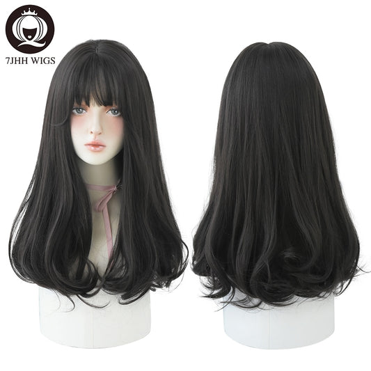 Long Wavy Synthetic Black Wigs With Fringe Fashion Heat Resistant Mid-Length Daily Straight Light Brown Hair