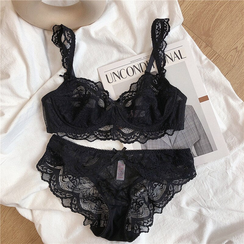 Transparent bra perspective ultra-thin sexy lace underwear set female light luxury gathered breathable lingerie sets