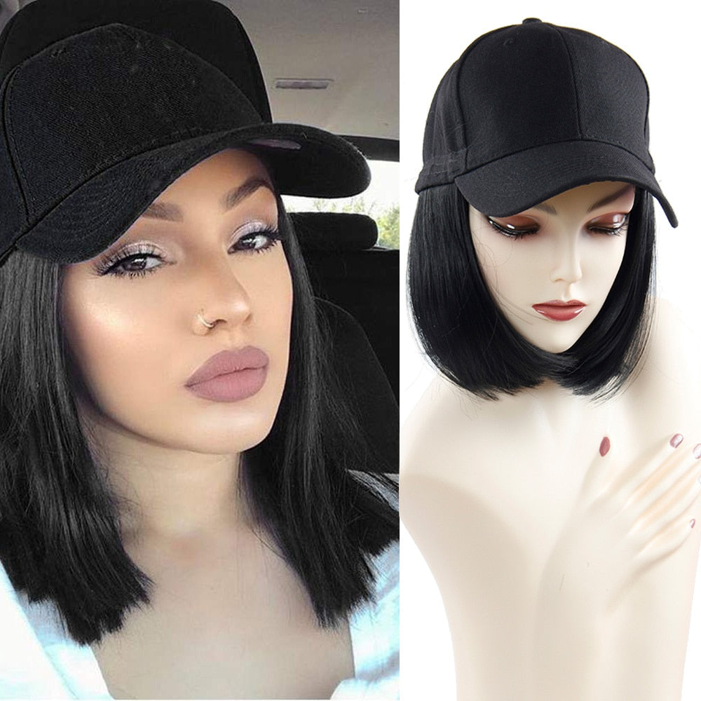 Baseball Cap Short Wigs Heat Resistant Fiber Black Hair Wig With Hat Peruca Synthetic Bob Wig Curly Wig