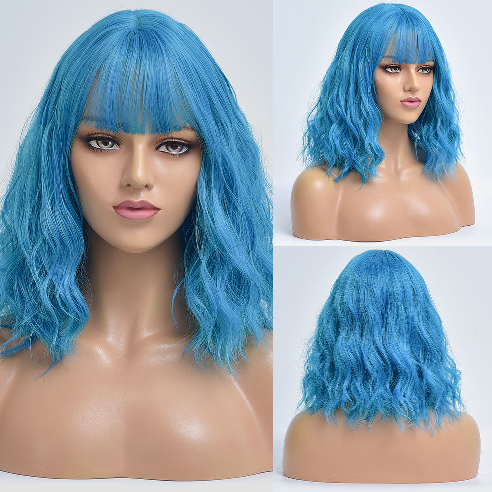 Short Bob Synthetic Wig Ombre Pink Water Wave Hair Wigs With Bangs Cosplay Lolita Heat Resistant Natural Hair