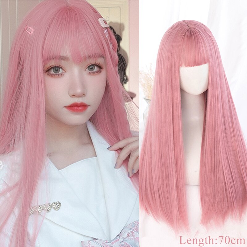 Synthetic Hair Black and Pink Wig Long Straight Hair Cosplay Lolita Wig Two Tone Ombre Color Women Heat Resistant Wigs