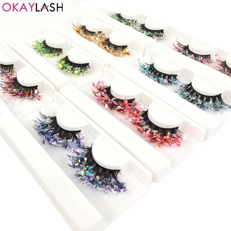 Colored Shining Gold Glitter Eyelashes Handmade Dramatic Purple Colorful Rainbow Lashes For Party Show Halloween Cosplay