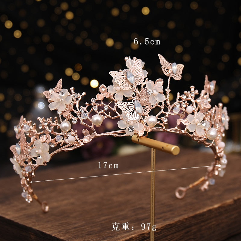 Bridal Crown Baroque Pearl Rhinestone Crown And Tiara Butterfly Hairband Wedding Hair Accessories Princess Crown Bride Tiaras