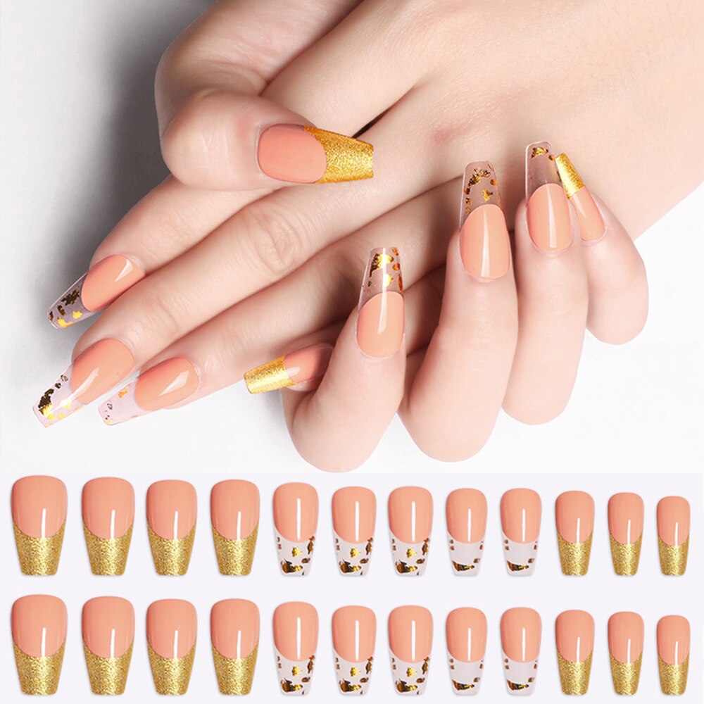 24/30Pcs Pink Leopard Designs False Nails French Long Coffin Fake Nail Artificial Full Cover Nail Art Tips Press on Nail
