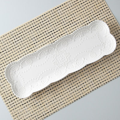 10inch white embossed porcelain vintage plate for buffet serving, ceramic japanese plates sushi dinnerware square
