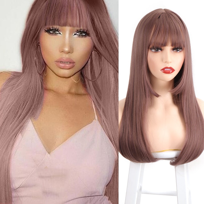 Synthetic Hair Black and Pink Wig Long Straight Hair Cosplay Lolita Wig Two Tone Ombre Color Women Heat Resistant Wigs