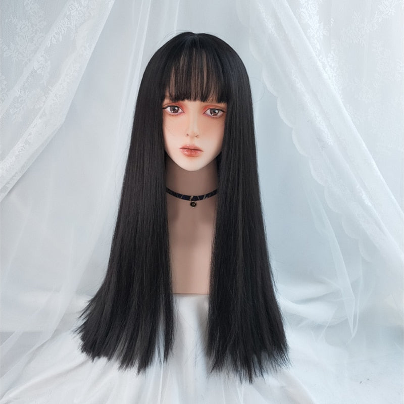 Cosplay Wig With Bangs Synthetic Straight Hair 24 Inch Long Heat-Resistant Pink Wig
