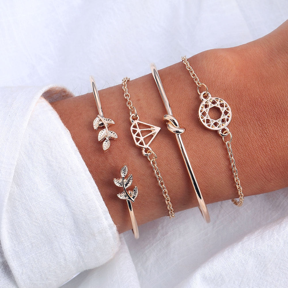 4Pcs/Set Geometric Crystal Charm Bracelets for Women Leaf Bangles Bracelets Set Wrist Chain Boho Bracelet