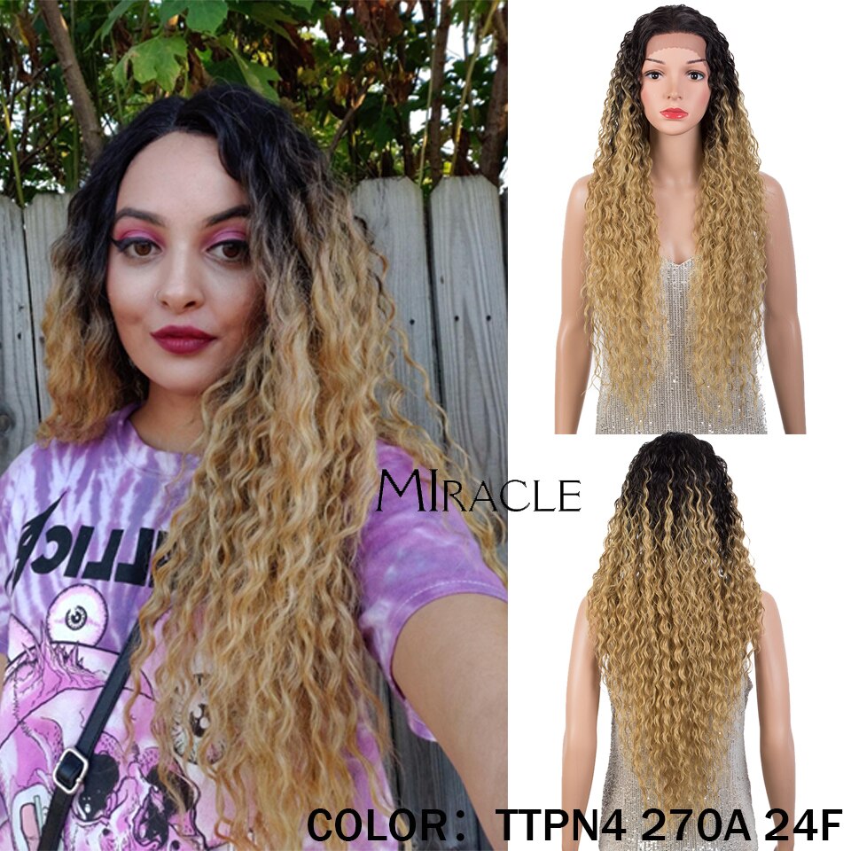 Synthetic Lace Wig Curly 30Inch Afro Kinky Curly Lace Natural Wave Blonde Wig High Temperature Fiber Hair