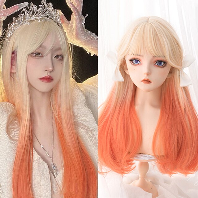 Synthetic Hair Black and Pink Wig Long Straight Hair Cosplay Lolita Wig Two Tone Ombre Color Women Heat Resistant Wigs