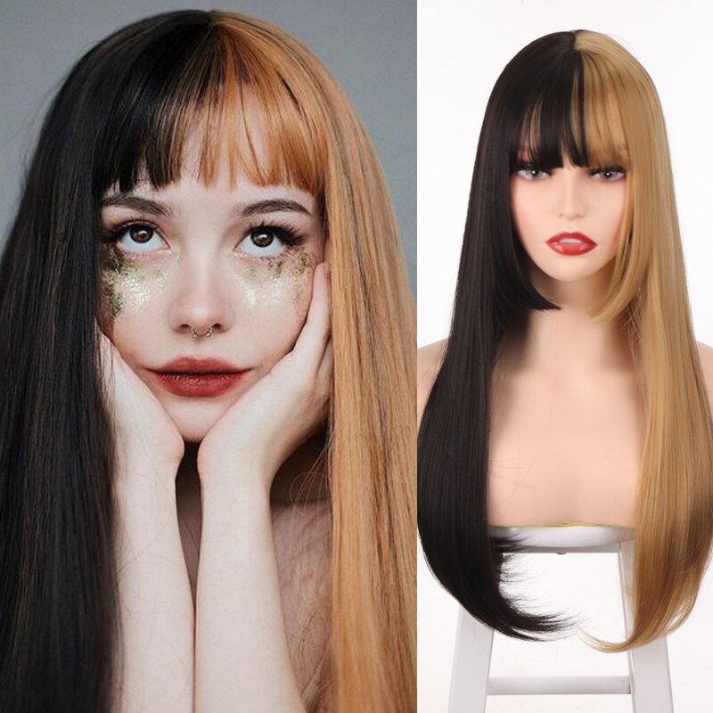 Synthetic Hair Black and Pink Wig Long Straight Hair Cosplay Lolita Wig Two Tone Ombre Color Women Heat Resistant Wigs