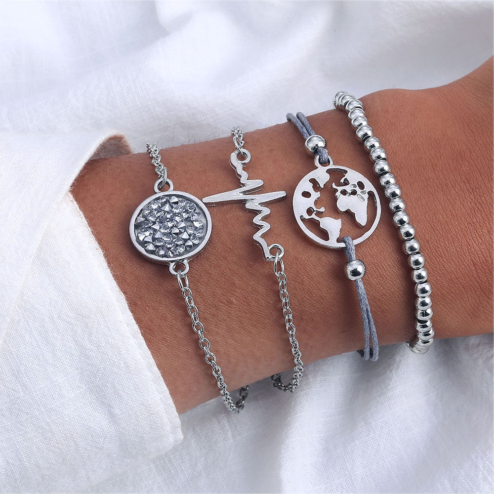 4Pcs/Set Geometric Crystal Charm Bracelets for Women Leaf Bangles Bracelets Set Wrist Chain Boho Bracelet