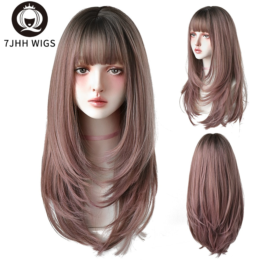 Synthetic Wigs Long Straight Pink Brown Hair Top Dyed Black Omber Wigs With Bangs For Women Heat Resistant Wigs