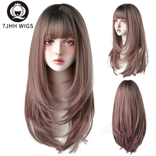Synthetic Wigs Long Straight Pink Brown Hair Top Dyed Black Omber Wigs With Bangs For Women Heat Resistant Wigs