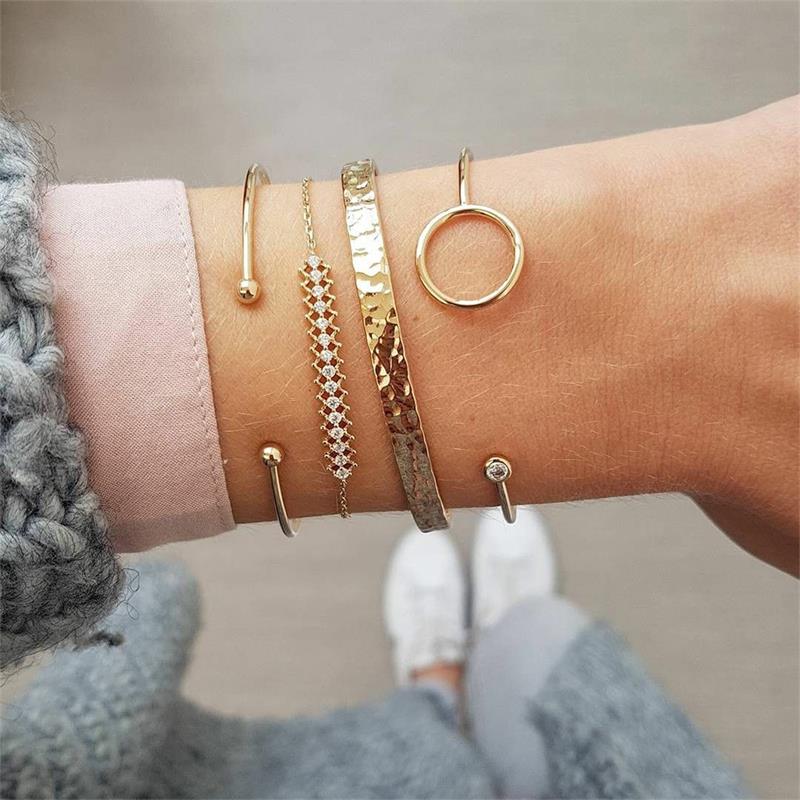 4Pcs/Set Geometric Crystal Charm Bracelets for Women Leaf Bangles Bracelets Set Wrist Chain Boho Bracelet