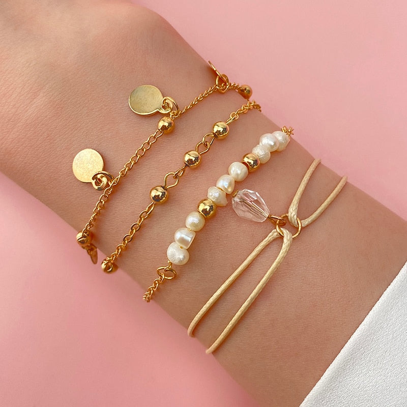 4Pcs/Set Geometric Crystal Charm Bracelets for Women Leaf Bangles Bracelets Set Wrist Chain Boho Bracelet
