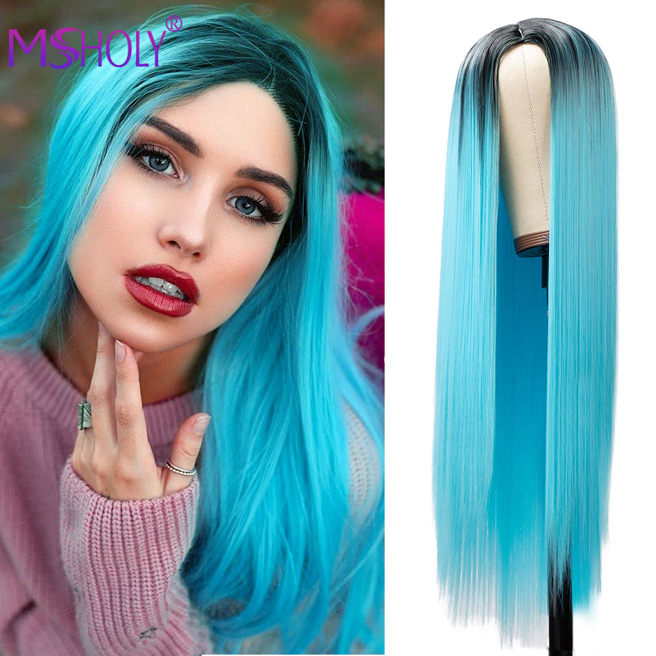 Pink Long Straight Wig Synthetic Ombre Hair Wigs Black White Pink Purple Blue Red Blonde Cosplay Wig Msholy