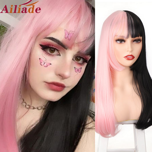 Synthetic Hair Black and Pink Wig Long Straight Hair Cosplay Lolita Wig Two Tone Ombre Color Women Heat Resistant Wigs