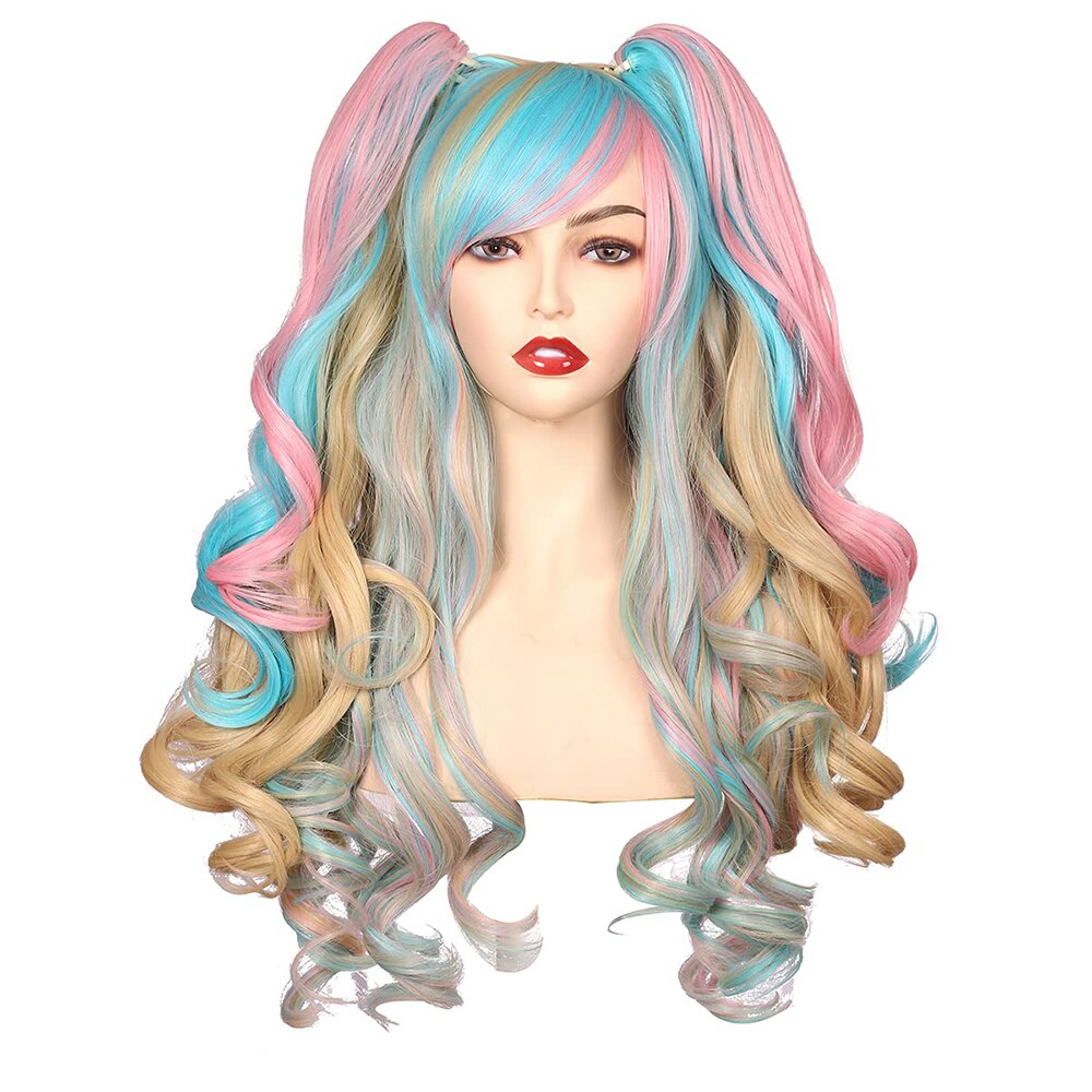 Long Curly Hair Ponytail Lolita Cosplay Lady Synthetic Wig Double Ponytail Detachable Black Gold Pink Purple Gradient Wig